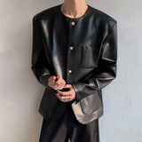 WIAOFELLAS  -  Spring And Summer New Men's Pu Leather Solid Color Suit Jacket Korean Retro Fashion Trend High Street Casual Slim Men's Tops