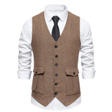 Wiaofellas  -  Men Suit Vest Herringbone Fabric Waistcoat Business Wedding Casual V Neck Men's Formal Party Dress Blazer Vests V12