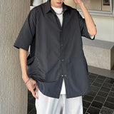 WIAOFELLAS  -  Three-dimensional Pocket Design Men's Shirts Solid Color Single Breasted Turn-down Collar Short Sleeve Male Tops