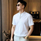 Wiaofellas  -  Summer Stand Up Collar Short Sleeved T-shirts Men Loose Casual Social Pullover Vacation Beach Hawaiian T-shirt Men Clothing