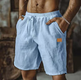 WIAOFELLAS  -  Summer New Men Cotton Linen Shorts LOGO Embroidery Elastic Waist Beach Shorts Lightweight  Pants Comfort Breath Holiday Shorts