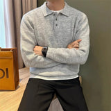 WIAOFELLAS  -  Korean New Men's Polo Neck Sweater Luxury Knitted Long Sleeve Pullover Autumn Casual Solid Color Streetwear Leisure Knitwear Top