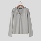 WIAOFELLAS  -  Men T Shirt Solid Color V Neck Long Sleeve Casual Male Tee Tops Streetwear Knitted Fashion Leisure Men Clothing S-3XL