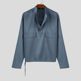 WIAOFELLAS  -  Men Shirt Solid Color Stand Collar Long Sleeve Loose Men Clothing Streetwear Korean Style Fashion Casual Shirts