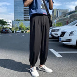 Wiaofellas  -  Trendy Ice Silk Cuffed Trousers Men's Summer Casual Loose Fit Sporty Straight Leg Pants Harajuku Style mid Waist Pocket Detail