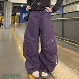 Wiaofellas  -  Unisex Vintage Purple Cargo Pants Multi Pockets Metal Rivet Loose Curved Wide Leg Baggy Trousers Y2K Streetwear Casual Denim