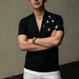 Wiaofellas  -  Summer Embroidered V-neck T-shirt for Men Cotton Short Sleeved Casual T-shirt Relaxed Beach Vacation T-shirts Men Clothing