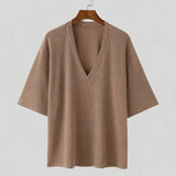 WIAOFELLAS  -  New Summer Men's Vintage Solid Ribbed T-Shirts Trendy V-Neck Knitted Loose Elasticity T-shirt Fashion Men Half Sleeve Tees