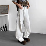 WIAOFELLAS  -  New Men's Denim Pants Solid Color Deconstruction Korean Style Straight Trousers Wide Leg Cleanfit Male Jeans 2025 24K4269