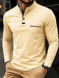 Wiaofellas  -  Men Stand Collar Henry Long Sleeve Polo Shirt Soft Fabric Pocket Casual Spring Daily Tops