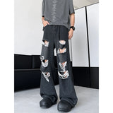 Wiaofellas  -  High Street Male Hole Denim Pants New Worn-out Jacquard Slimming Loose Men‘s Wide Legs Jeans Summer Trendy