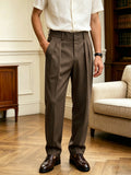 Wiaofellas  -  New Italian Naples Style Pleated High Waist Dress Pants, Solid Color Button Business Casual Trousers for Men
