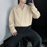 WIAOFELLAS  -  Men Shirt Solid Color Lapel Long Sleeve Loose Korean Style Tops Male Shirts Streetwear Fashion Casual Men Clothing