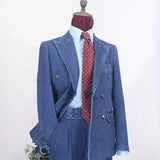 Wiaofellas  -  Denim Men Suits Fashion Peak Lapel Men Clothing 2 Piece Double Breasted Business Casual Office Daily Male Suit (Jacket+Pants)