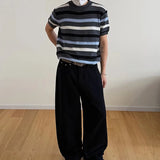 Wiaofellas  -  Daily Casual Knitting Tops Mens Stylish Striped Knit Short Sleeve Pullover Men Vintage O Neck Knitted T Shirts Summer Tee