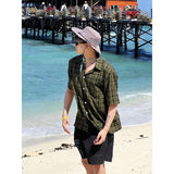 Wiaofellas  -  New Lazy - style Plaid Loose Short - sleeve Shirt for Men, Casual Beach Vacation Linen - like Breathable Top