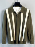 Wiaofellas  -  Vintage Striped Patchwork Polo Sweaters Men Spring Daily Casual Long Sleeve Zip-up Lapel Sweater Fashion Mens Knitted Jumper Top