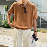 WIAOFELLAS  -  Men's Summer Simplicity Vintage Knitted Polo Shirt, Loose Casual Half Sleeves, Korean Fashion Lapel T-shirt, Short Sleeve