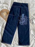 WIAOFELLAS  -  Jeans Men Women Designer Dragon Pattern Embroidered Trousers Versatile Trend Loose Wide Leg Pants Men Boyfriend Jeans