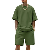 WIAOFELLAS  -  Men's Summer American-Style Loose Heavy Sweater High Street Hip-Hop Sport Short-Sleeved Set with Shorts