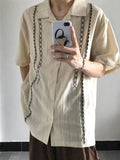 Wiaofellas  -  American Sle High Street Cuban V-Ne Embroidered Striped irt Men Women Summer INS Hong Kong Sle Hawaii ort Sve Top