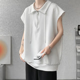 WIAOFELLAS  -  Drawstring Design Men's Tank Tops Lapel Solid Color Half Zipper Sleeveless Loose Male Pullover Vest Summer Menswear