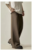 Wiaofellas  -  American Retro Brown Casual Drapey Wide Leg Pants Loose Fit Design Sense Straight Cut Long Trousers Polyester Fabric