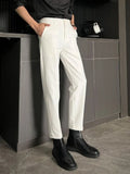 Wiaofellas  -  Man Suits Pants White Tressed 9 Cropped Slim Fit Thin Casual New in Trousers for Men Tailoring Classic Spring Clothes Offer Up