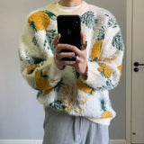WIAOFELLAS  -  Korean style knitted pullover sweater men's trendy pineapple jacquard round neck top casual loose lazy style men's clothing
