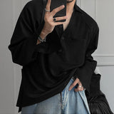 WIAOFELLAS  -  Men Shirt Solid Color Long Sleeve Koran Style Casual Men Clothing V Neck Streetwear Drawstring Shirts Fashion Male Tops