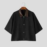 Wiaofellas  -  Men's Shirt Lapel Short Sleeve Patchwork Color-block Men Clothes Loose Streetwear Fashion Tops For Man Camisa S-5XL