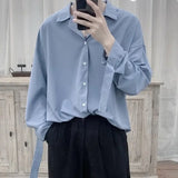 WIAOFELLAS  -  Fashion Men's Solid Color Ribbon Design Loose Shirts Trendy Long Sleeves Turn Down Collar Tops Male 2025 Summer
