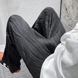 WIAOFELLAS  -  Summer Korean Fashion Simple Ice Silk Wide Leg Pants Men Solid Elastic Waist Pockets Thin High Street Loose Straight Trousers