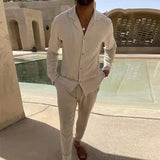 Wiaofellas  -  All Match Men's Tracksuit Fashion Solid Two Piece Slim Suit Autumn New Long Sleeve Button Shirts Top&Drawstring Pants Set