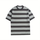 Wiaofellas  -  Oversized Gray Black Striped Short-Sleeve T-Shirt Crew Neck Soft Cotton Casual Unisex Loose Fit Daily Fashion Top