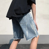 Wiaofellas  -  New Ripped Denim Shorts Men's High Street Straight Leg Fringed Five Quarter Pants