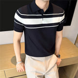 Wiaofellas  -  Ice Silk Cool Striped Knitted Polo Shirt for Men's Summer Collar Short Sleeved T-shirt Versatile Business Casual Social T-shirts