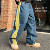 WIAOFELLAS  -  Cotton Denim Pants Male Side Stripe Patchworks Baggy Trousers Men's Vintage Blue Street Wear