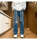 Wiaofellas  -  Autumn New Star Embroidery Burrs Patchwork Jeans Fashion Streetwear Loose Straight-leg Denim Pants for Men and Women 5XL-M