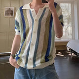 Wiaofellas  -  Leisure Breathable Hollow Out Shirt for Men Summer Beach Casual Short Sleeve Knitted Shirts Mens Fashion Striped Knitting Tops