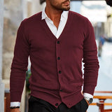 WIAOFELLAS  -  Spring Autumn Mens Solid Color Knitted Cardigan Fashion V-Neck Long Sleeve Slim Fit Sweater Coat with Pockets Men Knit Outwear