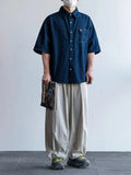 Wiaofellas  -  Retro Japanese Style Loose Men's Denim Shirt Short Sleeve Blue Jeans Outerwear Couple's Summer New Arrival Workwear