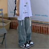 WIAOFELLAS  -  Spring Autumn Baggy Jeans Men Streetwear Hip-hop Letters Embroidery Denim Loose Belt Trousers Retro Wide-leg Pants Jeans Print