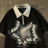 Wiaofellas  -  Retro Star Polo Collar Short Sleeve T Shirt Unisex Vintage Half Zip Loose Couple Top Casual Hong Kong Style Daily Street