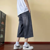 Wiaofellas  -  Vintage Men's Short Jeans Blue Hiphop Jorts Drawstring Spliced Straight Oversize Cropped Pants