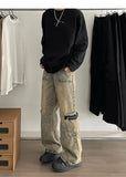 WIAOFELLAS  -  American Retro Jeans Mens Fashion Trendy Loose Wide Legs Bootcut Denim Pants Tall Man Yellow Mud Cowboy Trousers Streetwear