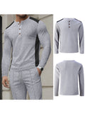 WIAOFELLAS  -  Men s Casual  Fit Long Sleeve Henley T-Shirt Button Up Contrast Color Tops Spring Autumn Fashion Pullover Shirt