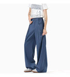 WIAOFELLAS  -  simple men's casual trousers pleated design new solid color wide leg bottom loose straight thin male pants summer