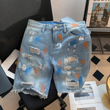 Wiaofellas  -  Summer Men Fashion Korean Loose Denim Shorts Male Straight Casual Short Pants Mens Print Ripped Holes Shorts Jeans G240