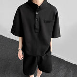 WIAOFELLAS  -  Korean Style Men's Two-piece Stand Collar Short Sleeved Button Design Solid Color T-shirts Drawstring Male Shorts